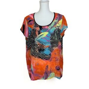 Women Size L Oversized Tunic Top Short Sleeve Artsy Colorful Chiffon Lightweight